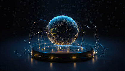 Poster - Glowing globe with glowing lines and dots on dark background 3D rendering