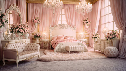 Wall Mural - Luxury bedroom interior with pink curtains. 3d render.