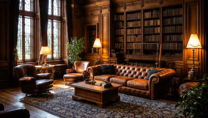 Wall Mural - Luxury leather sofa and bookshelf in the library.