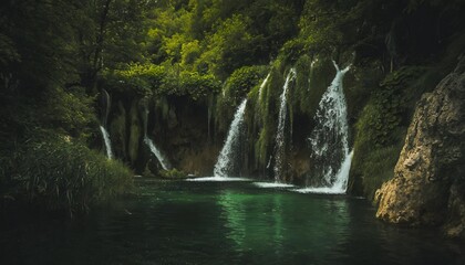 Wall Mural - water falls over greenery into small ponds croatia