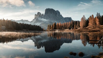 Sticker - the beautiful nature landscape great view on federa lake early in the morning the federa lake with the dolomites peak cortina d ampezzo south tyrol dolomites italy popular travel locations