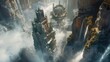 mysterious elven tower in a fantastical waterfall city aerial view concept illustration