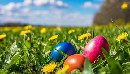 Wall Mural - a meadow in spring with easter eggs concealed among the greenery