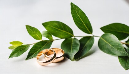 Wall Mural - wedding rings isolated and rings decorated delicate green branches watercolor illustration for invitation or greeting cards