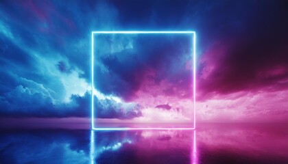 Wall Mural - 3d render abstract minimal background pink blue neon light square frame with copy space illuminated stormy clouds