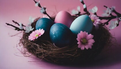 Wall Mural - blue and pink easter eggs in a nest with flowers isolated on pink background for easter add