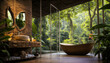 Bathroom interior with a bathtub and a view of the forest