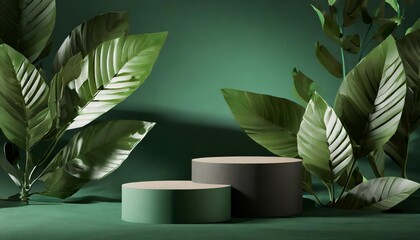 3d background of two podiums with green background and leaves beauty product concept generative ai