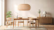 Interior of modern dining room with beige walls, wooden floor, round wooden table with chairs and plant. 3d rendering