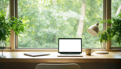 Workplace with laptop and coffee cup on wooden table in front of window