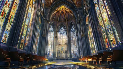 majestic gothic cathedral interior with intricate stained glass windows arched ceilings and ornate mosaic frames digital painting