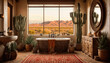 Bathroom interior with cacti and a large window.