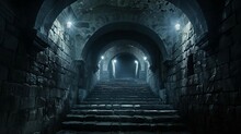 Medieval Castle Dungeon Interior Ominous Stone Walls Flickering Torches Dark Symmetrical Staircase