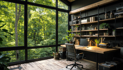 Poster - 3D rendering of a modern loft office interior design with a beautiful view