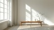 minimalist room with bright natural light and an empty wooden table providing a clean and serene space for creative endeavors