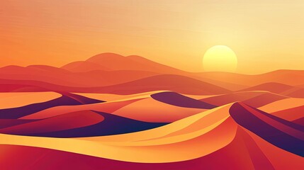 Wall Mural - minimalistic desert landscape with sun rising over sand dunes flat vector illustration