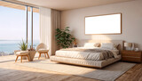 Fototapeta Kosmos - Modern bedroom interior design with a sea view, 3d rendering mock up