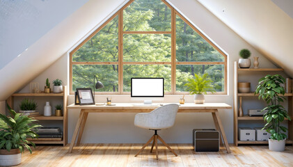Poster - Workplace in a attic with a window overlooking the countryside. 3d rendering