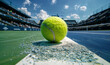 A tennis ball sits on the white line of a tennis court.