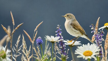 Wall Mural - wildflowers decorative grasses and cute birds delicate navy blue background