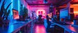 Retro-futuristic fintech workspace, neon lights, wide angle, vintage vibes with modern twist