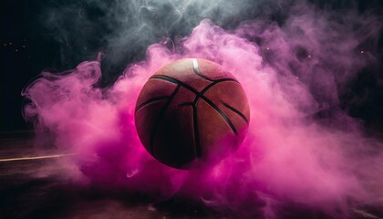 Wall Mural - basketball surrounded by pink smoke in the dark