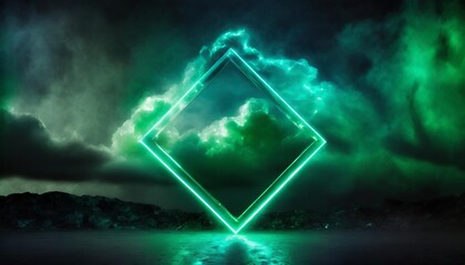 Wall Mural - green and turquoise neon light with cloud formation diamond shaped fluorescent frame in dark environment