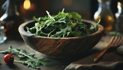 Wall Mural - fresh arugula salad in a wooden bowl