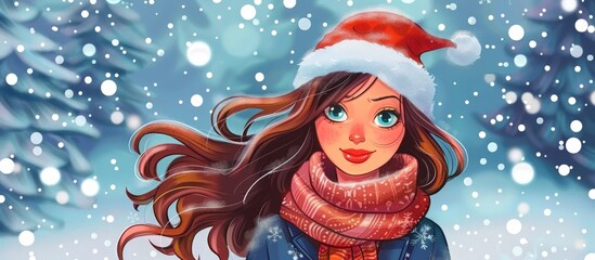 Wall Mural - Close-up portrait of a woman in a festive Santa hat and warm scarf