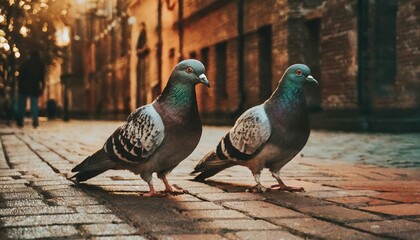 two pigeons standing on a brick sidewalk