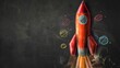inventive education. Pencil-drawn rocket ship launch on a blackboard, vector illustration.