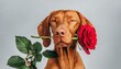 charming red haired vizsla dog with eyes closed holds a red rose in his mouth as a gift for valentine s day on a white background