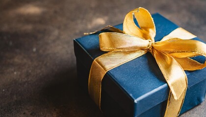 Wall Mural - dark blue gift box with elegant gold ribbon on dark background greeting gift with copy space for christmas present holiday or birthday
