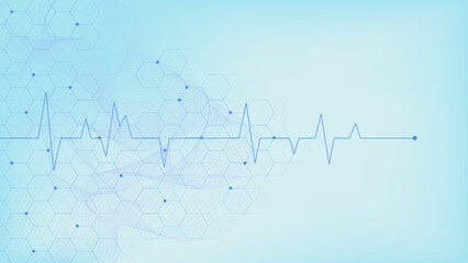 Poster - hexagons shapes with heart beat for healthcare, medical, chemistry and science background.