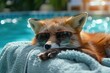 Cute red fox with sunglasses relaxing at swimming pool, closeup