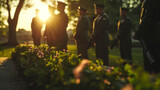 Fototapeta  - A wreath-laying ceremony at a memorial for unknown soldiers, with military personnel in dress uniforms. The early morning light casts soft shadows on the participants, highlighting