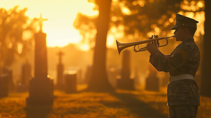 Wall Mural - A young soldier playing taps on a bugle at a ceremony for unknown soldiers, with the notes echoing over a field dotted with unmarked graves. The backdrop of early morning light and