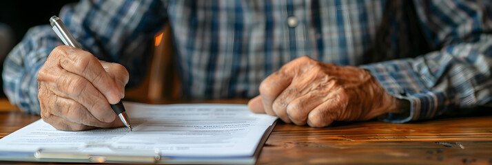 Sticker - Photo of a senior reviewing a pension transfer form with a close up on the document and his pen highlighting the process of managing pension assets