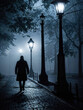 An alarming silhouette of a lonely man walking at night along a foggy dark street. Danger, loneliness, anxiety. Walking in the fog.