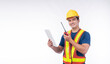 © kaew6566 - Maintenance workman occupation technology concept. Handsome confident craftsman wear yellow helmet hard hat safety talking with walkie talkie while looking tablet standing over isolated background.