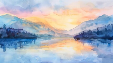 Wall Mural - serene watercolor painting of a tranquil mountain lake at sunrise with soft pastel colors