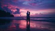 silhouette of a loving couple embracing on the beach at sunset gazing at a dreamy sky romantic evening atmosphere