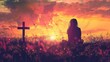 © Bijac - silhouette of a woman sitting on the grass praying in front of a cross at sunset spiritual concept illustration