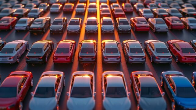 shiny new cars lined up in a dealership lot aerial view 3d render