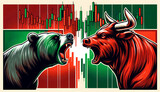 Fototapeta  - Bull vs bear, symbols of stock market trends, fierce market battle in red and green background