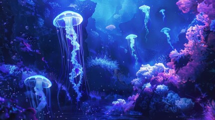 Poster - mystical underwater scene with luminescent jellyfish and coral reefs ethereal digital painting