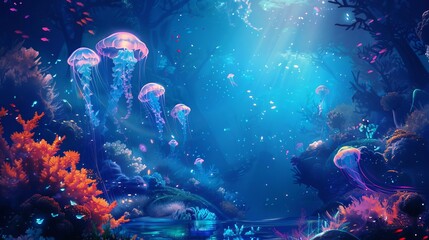 Poster - mystical underwater scene with luminescent jellyfish and coral reefs ethereal digital painting