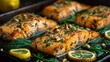   A tight shot of a pan containing salmon, garnished with sliced lemons and spinach on the sides A lemon wedge completes the presentation
