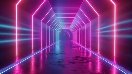 Wall Mural - neon lights speed tunnel background futuristic abstract illustration