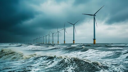 offshore wind farm with turbines standing in the sea on a cloudy day